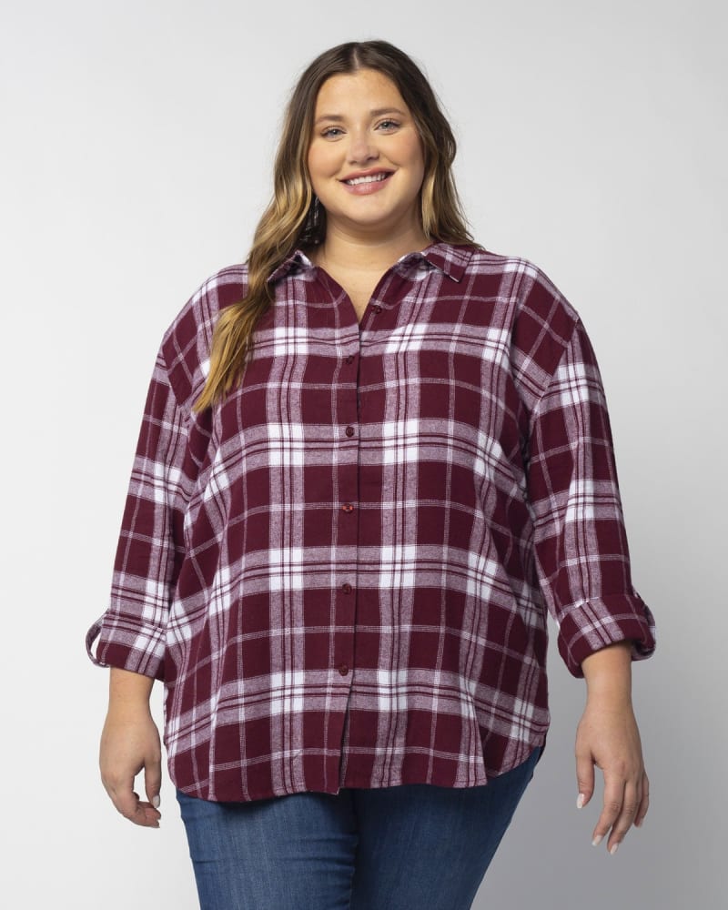 Front of a model wearing a size 1X Boyfriend Plaid in Maroon by chicka-d. | dia_product_style_image_id:289400